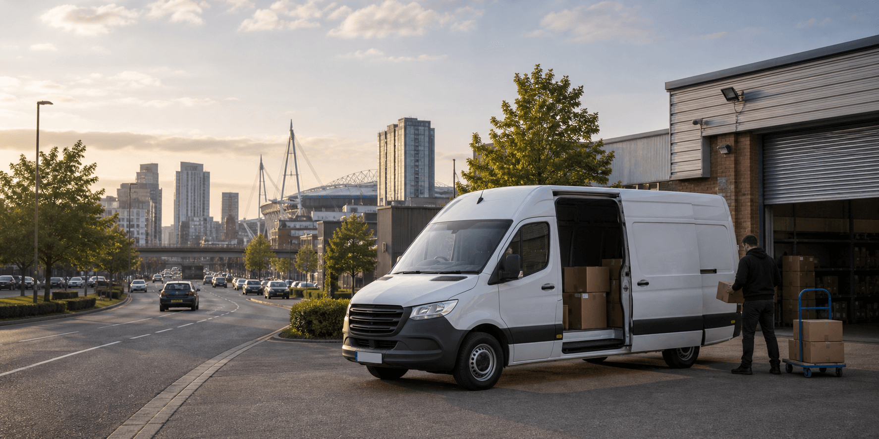 Modern self-drive rental van ready for loading in Cardiff